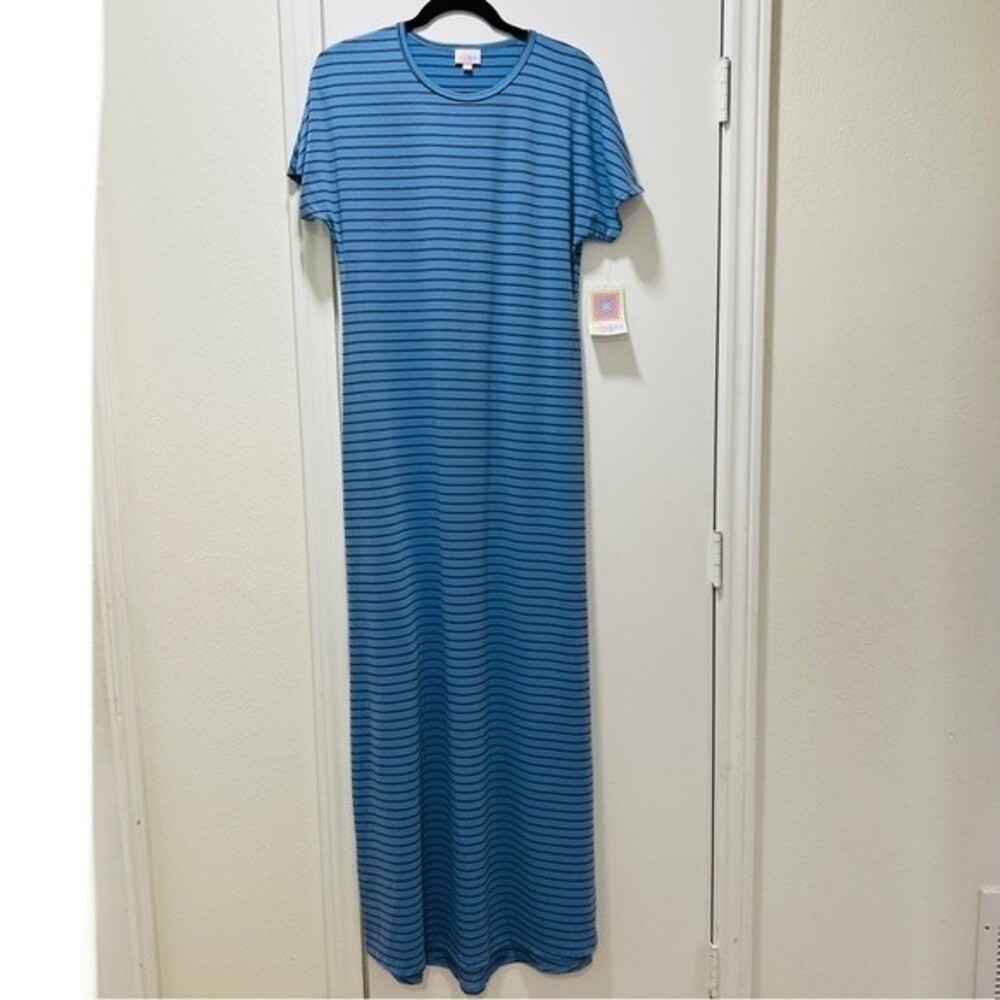 NWT Lularoe Blue & Charcoal Striped Maria Maxi Dress in Women's Size Small (6-8)